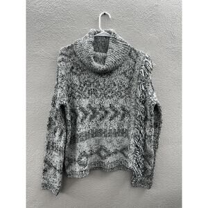 Lucky Brand Womens Sweater Size Medium Turtleneck Fringe Green White Pullover